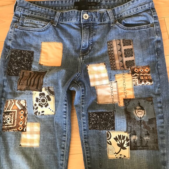 Upcycled Patchwork Jeans, 14: Boho Hippie Pants, Coffee Theme, Recycled Denim - Picture 4 of 14